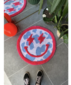 Y2K Acid Smile Face Fluffy Double Layered Cow Pattern Rug – Trendy & Soft Home Decor