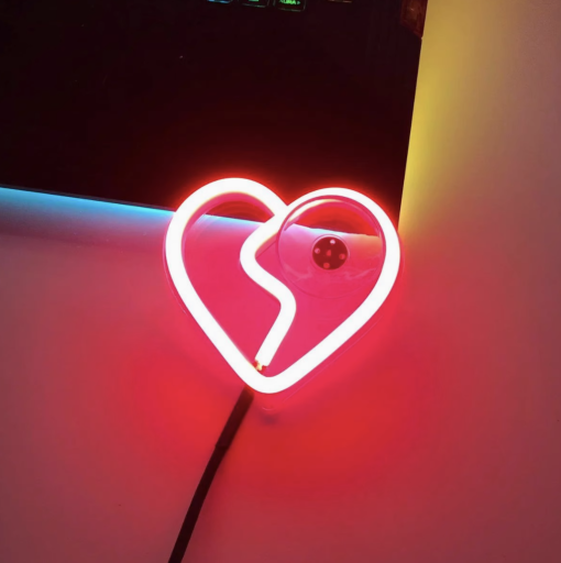 Multishape LED Neon Sign – Heart, Broken Heart & Star Designs for Car & Bedroom Decor, USB/Battery Night Light with Pedestal, Perfect Gift for Women