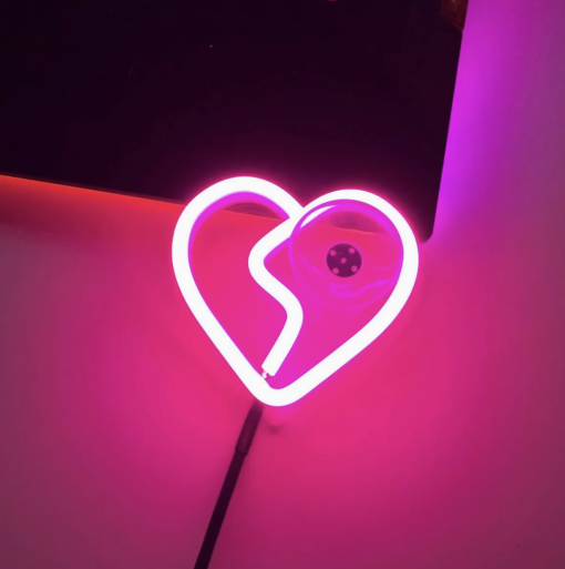 Multishape LED Neon Sign – Heart, Broken Heart & Star Designs for Car & Bedroom Decor, USB/Battery Night Light with Pedestal, Perfect Gift for Women