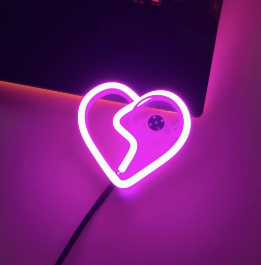 Multishape LED Neon Sign – Heart, Broken Heart & Star Designs for Car & Bedroom Decor, USB/Battery Night Light with Pedestal, Perfect Gift for Women